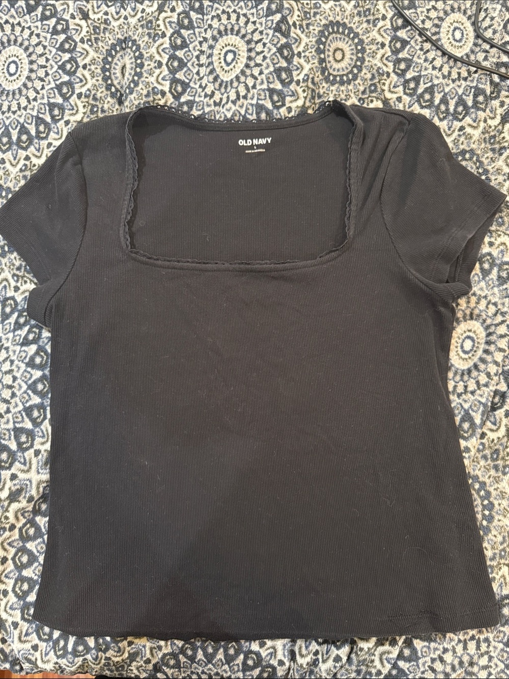 Old Navy Black Square Neck Lace Trim Short Sleeve Top